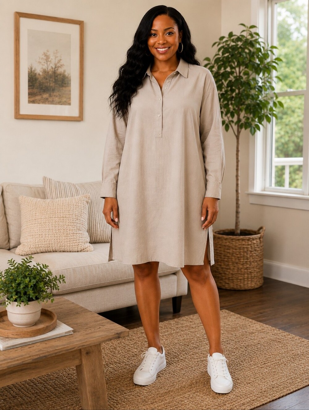 H&M Beige Cotton Shirt Dress Tunic – Size Medium